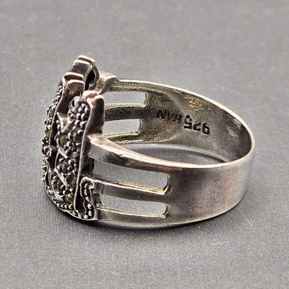 VTG Sterling Silver HAN Marcasite Cat Trio Ring Size 8 Whimsical Feline Design - Picture 3 of 11